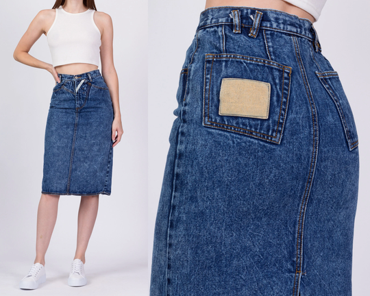 90S Jordache Denim Midi Skirt - Extra Small, 25.5" | Vintage High Waist Blue Jean Pencil