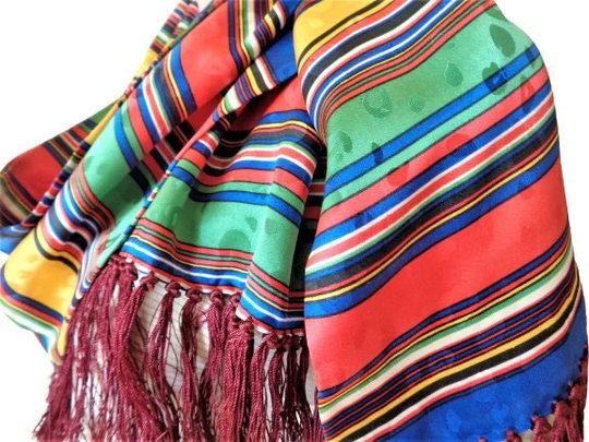 Multi Color Striped Scarf With Fringes, Long Silk Scarf, Vintage Fringed Neck Damask Women's