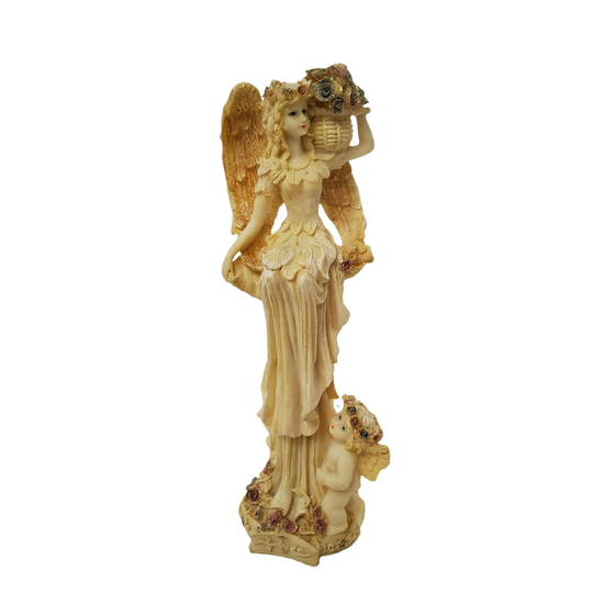 Vintage Three Hands Corp. Resin Pencil Angel With Cherub & Floral Basket 10"H X 3"W
