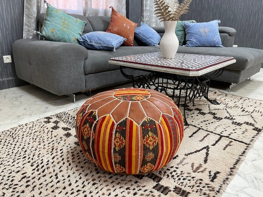 Kechart - Unique Moroccan Pouf, Floor Ottoman, Pouf Cover, Home Decor, Genuine Leather, Tissue, Chairs & Ottomans, Seat Cushion, Footstool