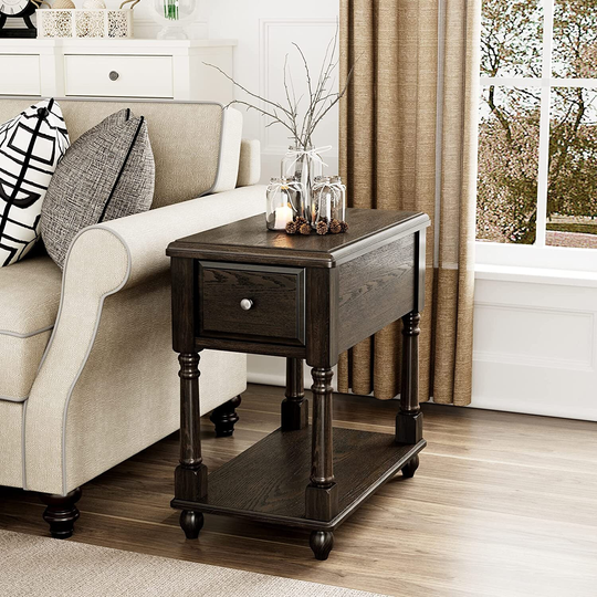 End Table with Drawer, Solid Wood 2 Tier End Side Table