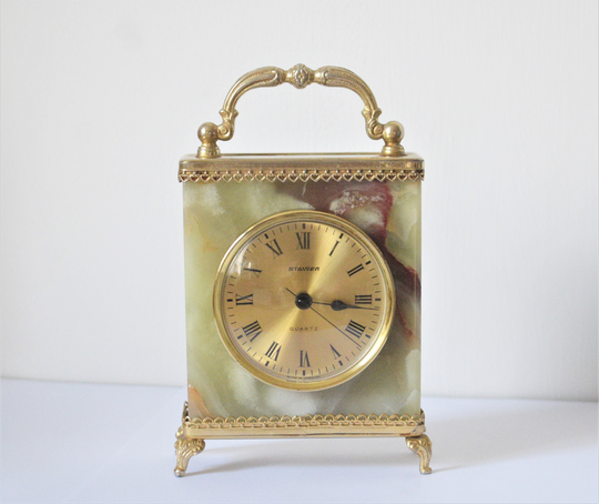 Vintage Onyx Marble Staiger Mantel Table Quartz Carriage Clock - Gold Gilt Intricate Detailed Lounge Timepiece Gift