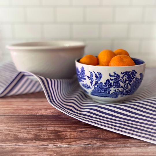Table Runner 88" Linen-Cotton, Lengthwise Ticking Stripe | Original Kitchen Modern Farmhouse Shabby Chic Traditional Blue