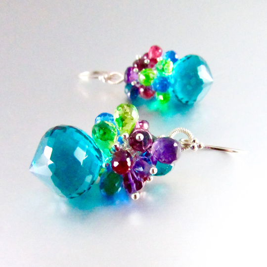 Colorful Cluster Earrings, Teal Quartz With Semi-Precious Clusters