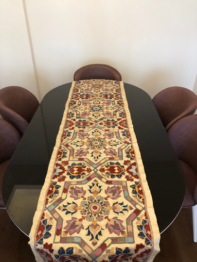 Embroidered Suzani Table Runner Bohemian Decor Red Pink 72"x18" | 185x45cm Eclectic Silk Lumbar Home Decoration