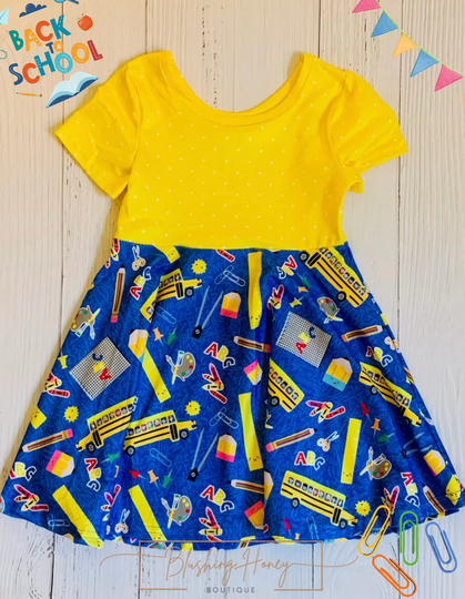 Milk Silk Yellow Blue Back To School Bus Twirl Dress, Girls Toddler Preschool, Elementary Pencil Ships in 24 Hours Comfortable & Soft