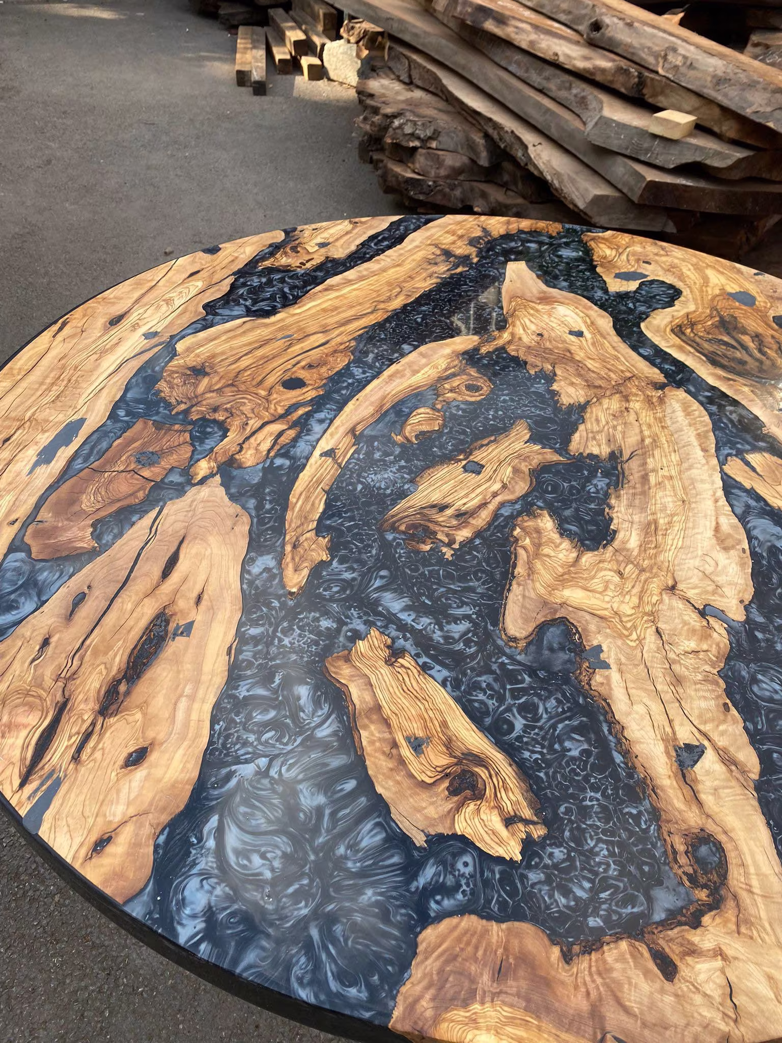 Olive Wood Epoxy Table, Coffee Custom 50" Diameter Round Metallic Gray Order For William