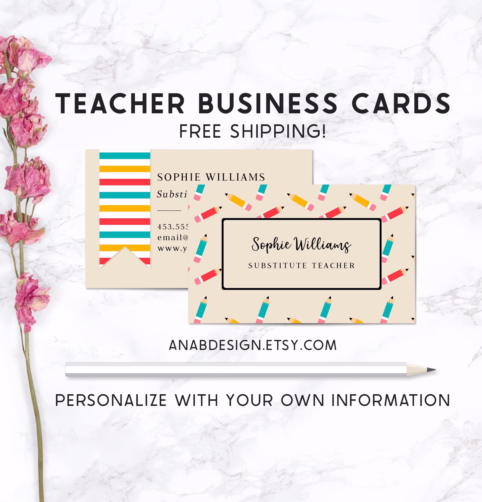 Substitute Teacher Busines Cards, Open House Contact Back To School, Relief Teacher, Pencil Business Card, Instuctor, Tutor
