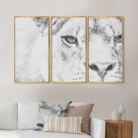 Designart 'Black and White Lion Pencil Sketch ' Animal Framed Wall Art Set of 3 - 4 Colors of Frames