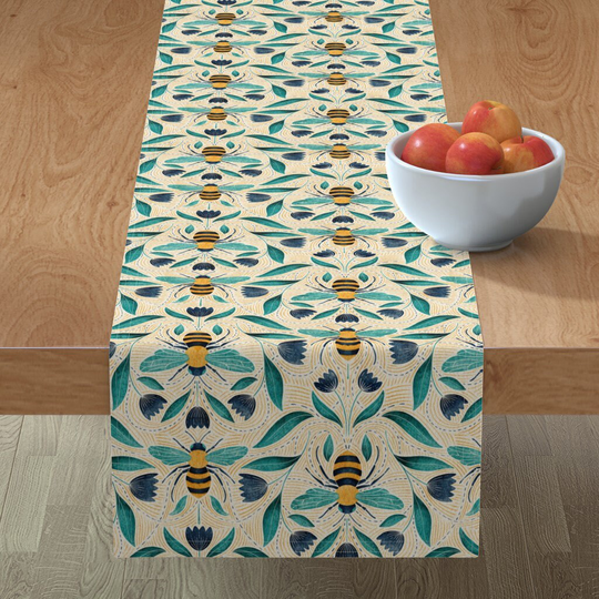 Honeybees Table Runner - Spring Time Bee By Imagesbycassandra Nature Bees Garden Blue Cotton Sateen Spoonflower