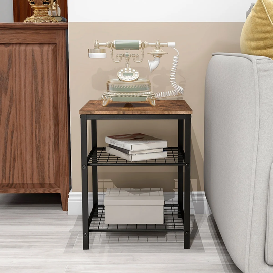 4 Tier End Table,Side Table Nightstand Storage Shelf For Bedroom,Kitchen,Living Room And Office, Stable Metal Frame,Wood Top