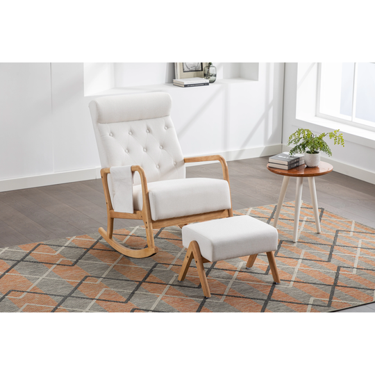 Rocking Chair With Ottoman, Mid-Century Modern Upholstered Fabric Rocking Armchair, High Backrest Accent Glider Rocker Chair