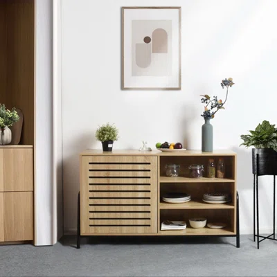 Sideboard Open Door Cabinet With Three Shelves Storage For Kitchen,oak