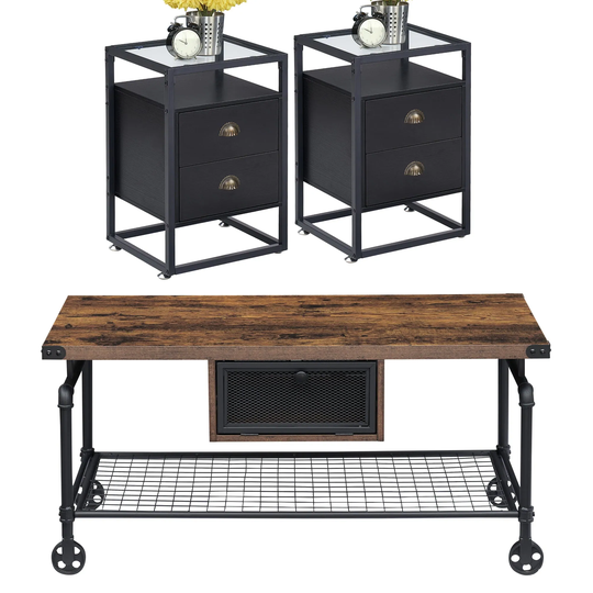 Industrial Coffee Table Set of 3, Rustic Brown Sofa Table and Glass Top Nightstands Set of 2