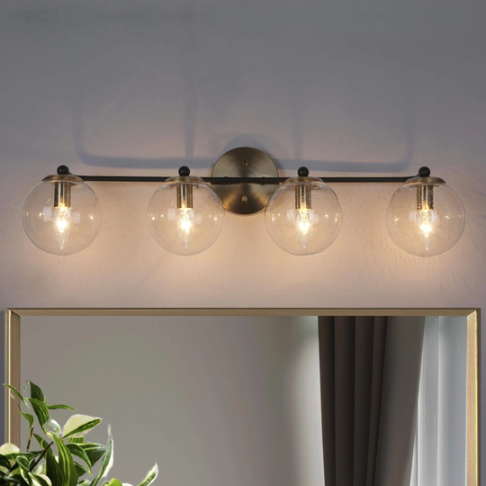 Modern 4-Light Black Gold Bathroom Vanity Lights with Globe Glass Shade - 30" L