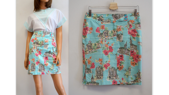 Cotton Pencil Skirt, Vintage Summer Printed Medium Large Size, Lofficina Della Moda, Blue Red Roses Skirt