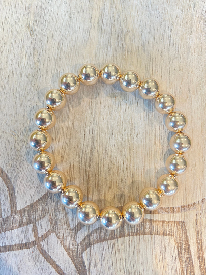 10K 8mm Yellow Gold Beaded Bracelet - Stackable Stretch Ball Bead Chained With Chain