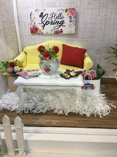 Miniature 1/12 Scale Yellow Sofa & Spring Farmhouse Decor With Cottage Style White Table All Spring Included