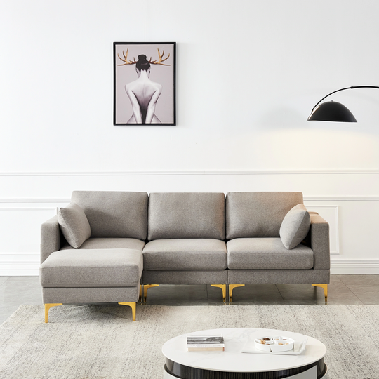L Shape Sectional Sofa with Golden Metal Legs, Living Room Furniture Modern Polyester Fabric Leisure 3-Seat Sofa & Ottoman