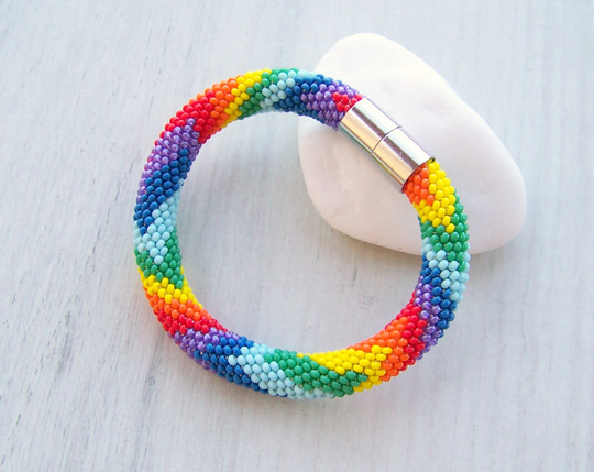 Colorful Bright Rainbow Geometric Bracelet - Bead Crochet Rope Beadwork Bangle Multi Color Modern