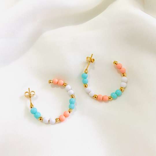 18K Gold Filled Color Beaded Hoops, Bead Colorful Multi-Color Ball Hoop Earrings, Small Hoops