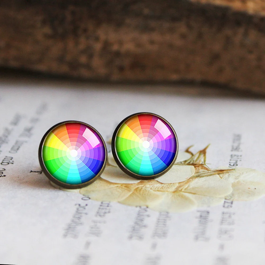Multi Color Stud Earrings Geometric Post Earrings, Multicolor Rainbow Hanging Kidney Artist Palette Pride Studs