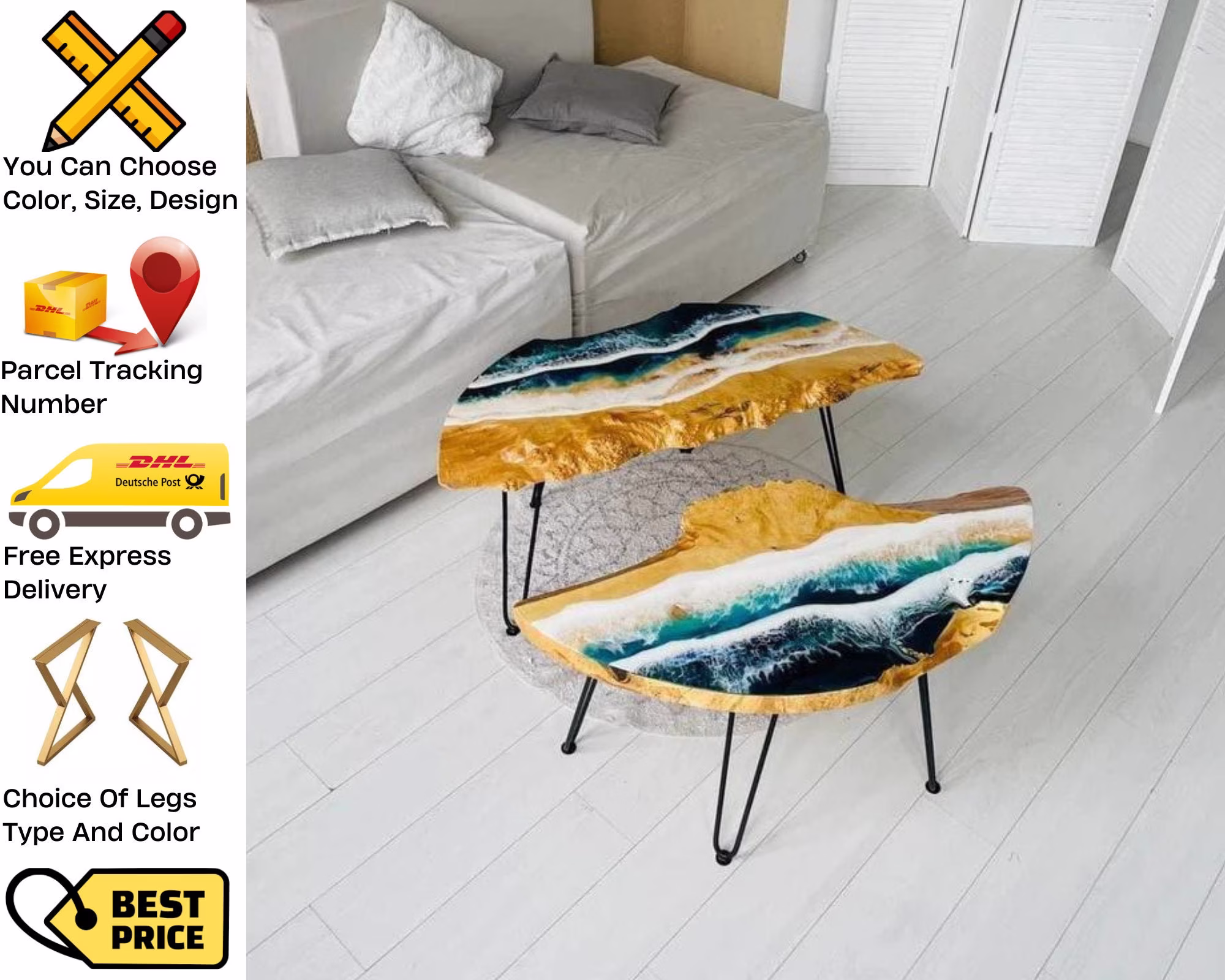 Set Of 2 Epoxy Resin Table, Accent Look Furniture, Side Table For Living Room, Sofa Bedroom Round Nest Tables