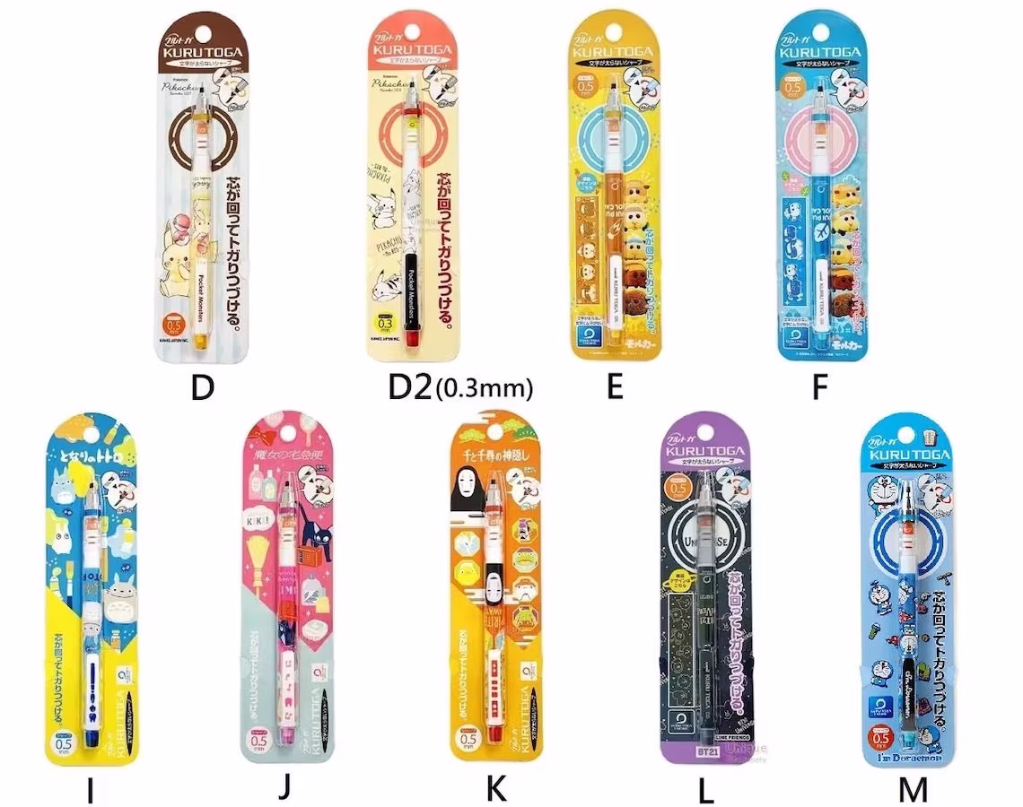 Uni Kuru Toga 0.5mm Self-Sharpening Mechanical Pencil Twin Pc Miffy Pui Molcar Guinea Pig Bt21 Totoro No-Face Doraemon Japan