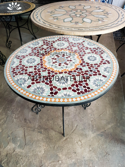 Mosaic Round Table Red For Outdoor-Indoor 100% Handcrafted Moroccan Tiles Decor