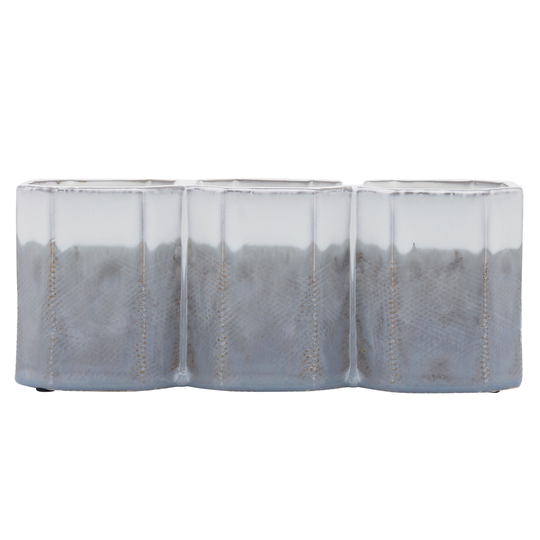 Ceramic 4"h 3-cup Pen Holder, White, gray 4.0"H - 10.0" x 3.0" x 4.0"