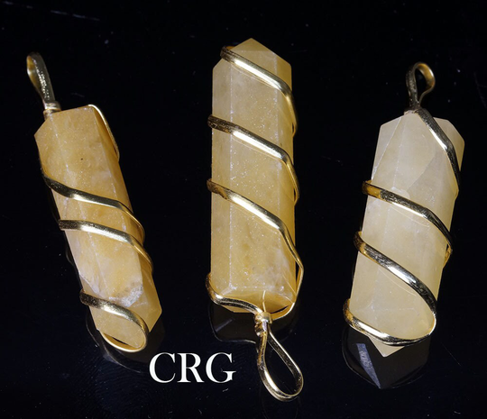 Set Of 4 - Yellow Quartz Pencil Point Pendant with Gold Wire Wrapping/Bulk Wholesale Crystals 1" Avg