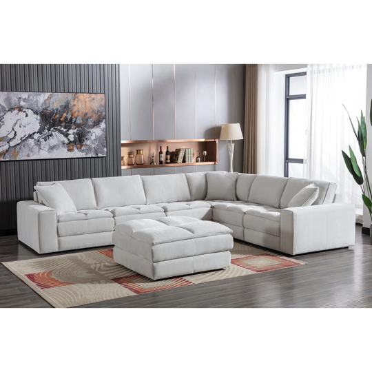 Roundhill Furniture Breton Contemporary Fabric Tufted Modular Sectional Sofa with Ottoman, Oyster