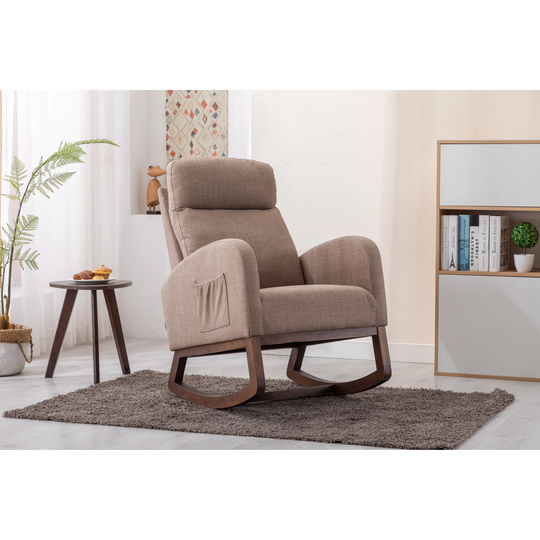 Mid-Century Modern Fabric Nursery Rocking Chair Upholstered High Tall Back Retro Accent Glider Rocker with Wood Base Padded Seat