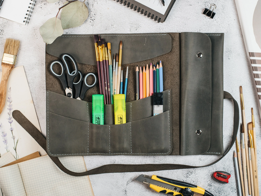 Leather Pencil & Pen Roll, Paint Brush Case, Artist Organizer With Pocket, Custom School Supplies, Craft Tools Scissors Wrap Pouch