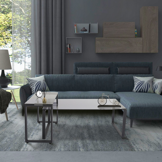 Modern Rectangle Grey Tempered Glass Nesting Table, Two Nesting Tables Combined Freely, Easy To Assemble and Clean