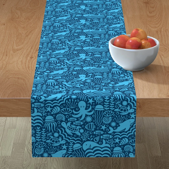 Ocean Animals Table Runner - Underwater World By Olgart Blue Fish Water Aqua Turtles Sea Cotton Sateen Spoonflower