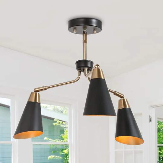 Modern Black Gold 3-Light Metal Semi-Flush Mount Ceiling Light