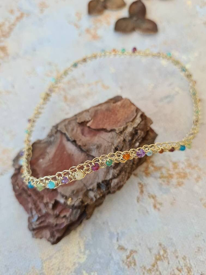 Unique 14K Gold Bangle, Multicolor Thin Bracelet, Natural Gemstone Beads Cuff, Stackable Layering Jewelry, Everyday Jewelry