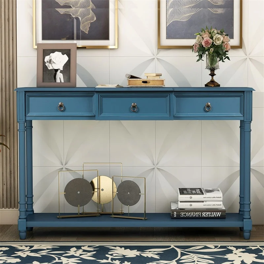 Console Table w/ Projecting Drawers and Long Shelf for Entryway,Blue