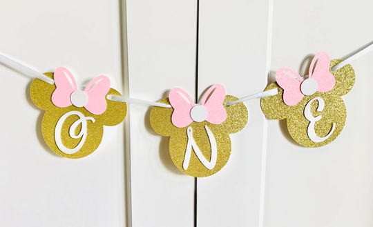 Minnie One High Chair Banner/ Mouse Birthday/ Gold & Pink Minnie/ 1st Banner