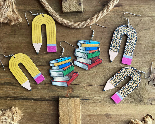 Wooden Teacher Earrings, Stack Of Books Gift, Pencil Book Earrings