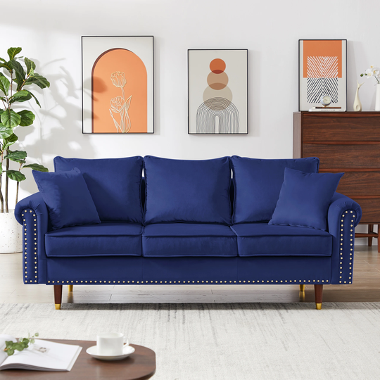 Velvet Upholstered Sofa Couch Modern 3 Seater Rolled Arms Sofa with Nailhead Trim