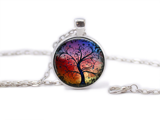 Colorful Tree Of Life Pendant Necklace Silver Tile Rainbow Family Jewelry