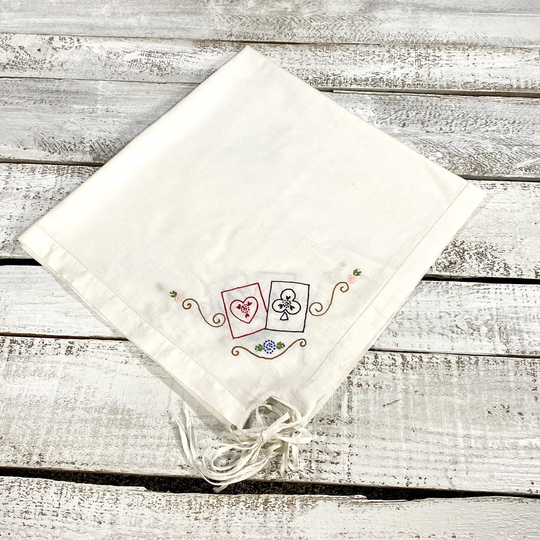 Vintage Square Card Table Tablecloth - Embroidered "Playing Cards" With Ties