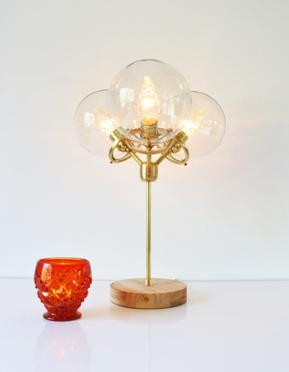 Modern Brass Table Lamp, 3 Clear Glass Bubble Globes, Industrial & Wooden Base Desk Bootsngus Lighting Home Decor