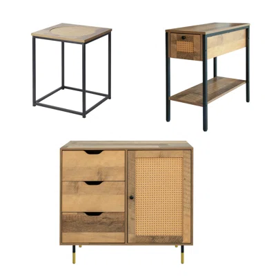 Viveiros Sideboard Buffet Set, Includes Rattan Sideboard And 2 Wood Rattan End Tables,Set Of 3