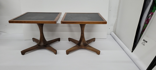 Mid Century Modern Wood Side Tables Square Accent End Pedestal Black Formica Centers A Pair