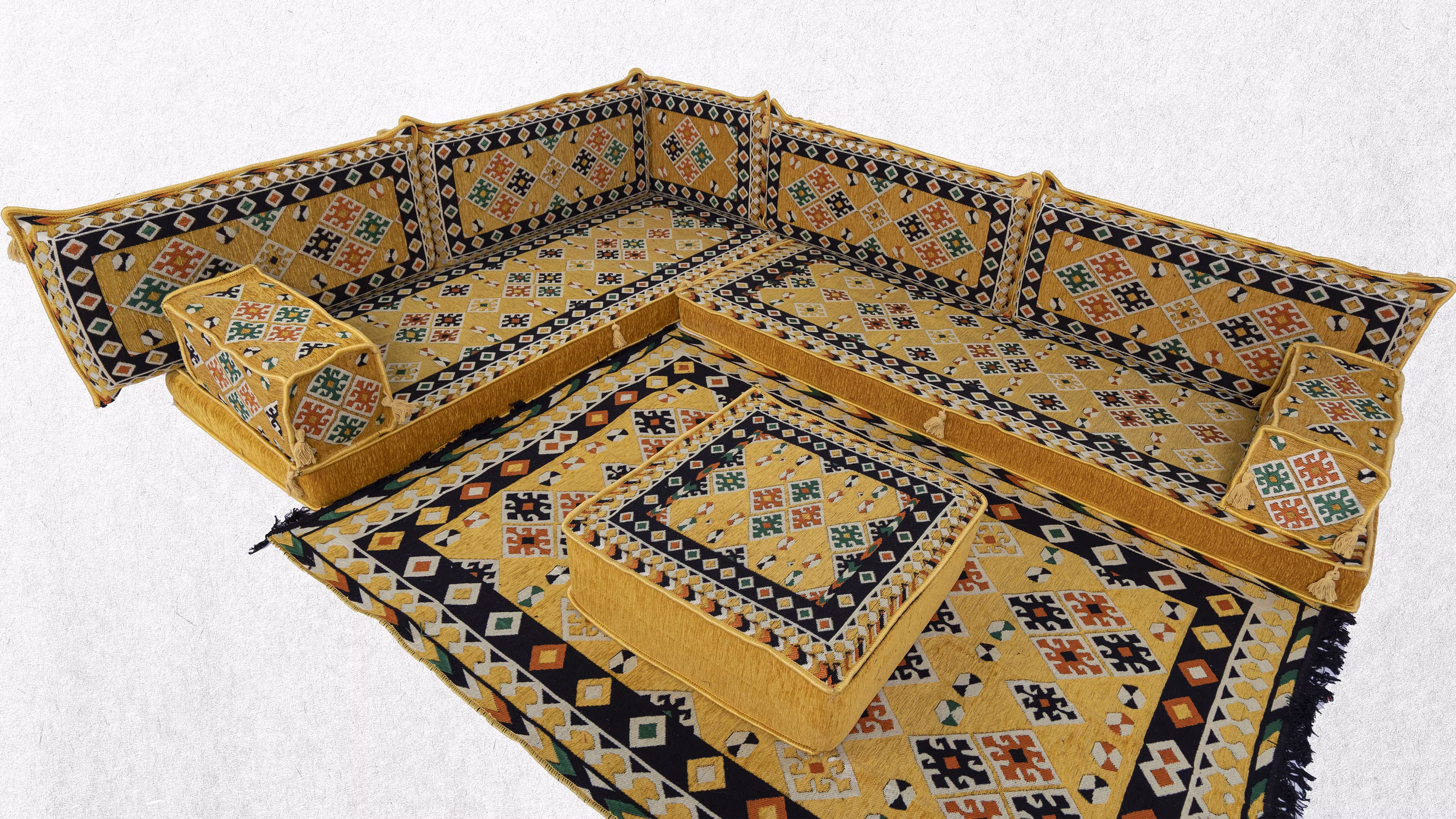 Yellow Arabic Sofa, Pallet Sectional Sofas, Majlis Sets, Floor Seating Sofa Yoga Cushions, Moroccan Sofas