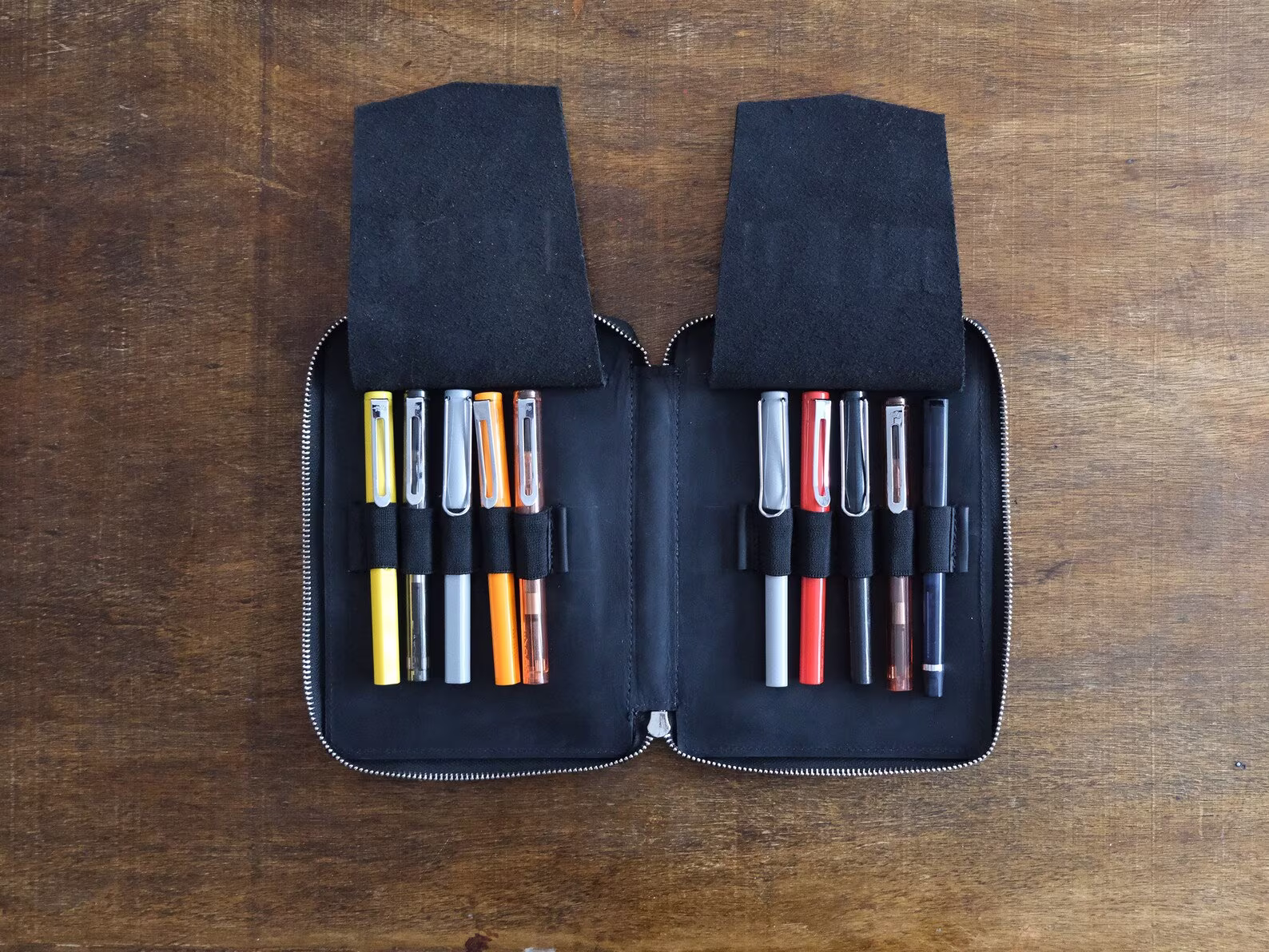 Genuine Leather Handmade 10-Slot Pen Case, Zippered Pencil Pouch, Fountain Matte Black