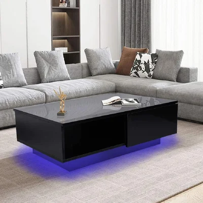 High Gloss Coffee Table With LED Light, Modern Cocktail Coffee Table Rectangle Contemporary Glossy End Table With Drawer Storage For Home Living Room